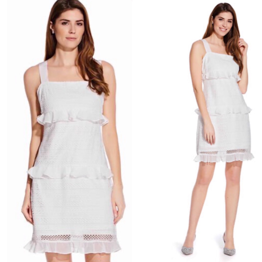 Bnwt 14 White Adrianna Papell Tiered Ruffle Lace Dress